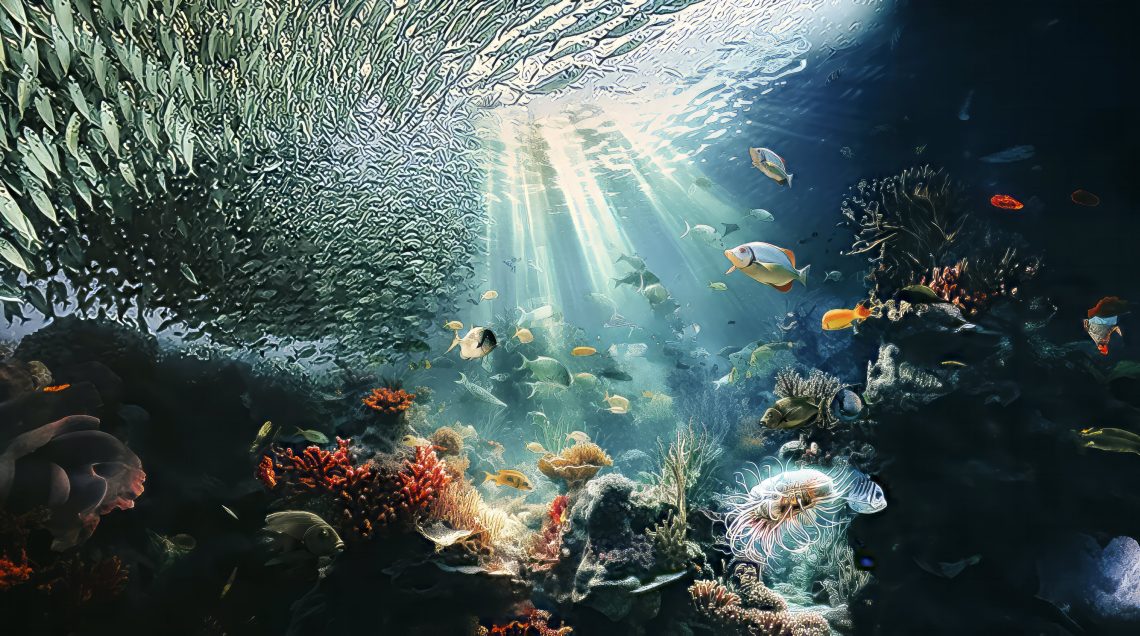 Auf einer mit KI generierten Illustration ist eine Unterwasserwelt abgebildet. Das Bild illustriert einen Artikel über die Zukunft unserer Ökosysteme.
