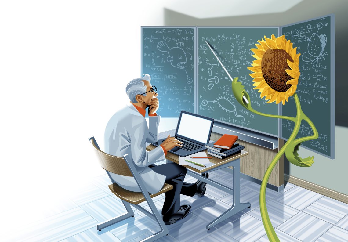 Die Illustration zeigt einen Bioniker, der in einen Laptop tippt, während er auf eine Tafel mit Formel schaut. Eine Sonnenblume fungiert mit einem Zeigestock als Lehrer. Das Bild illustriert einen Artikel über Bionik.