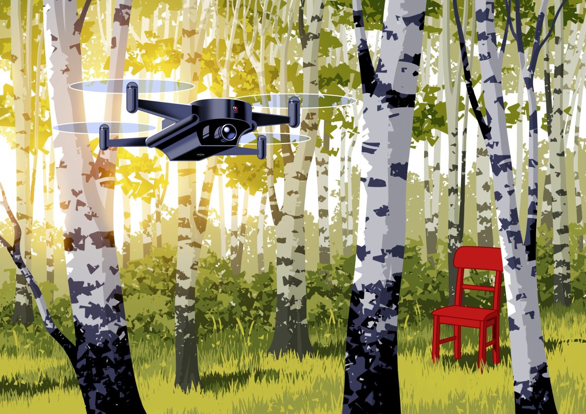 Die Illustration zeigt eine Drohne, die in einem Wald fliegt, um einen roten Sessel zu finden. Das Bild illustriert einen Report über eine Flugdrohne, die nach Vorbild des Nervensystems eines Fadenwurms entwickelt wurde. Der Report ist Teil des Bionik-Dossiers.