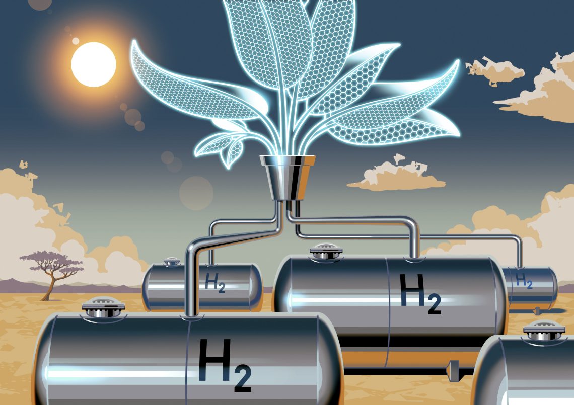 Die Illustration zeigt Tanks, in denen Wasserstoff gelagert ist. Das Bild illustriert einen Artikel über die Gewinnung von Wasserstoff mittels Photokatalyse.