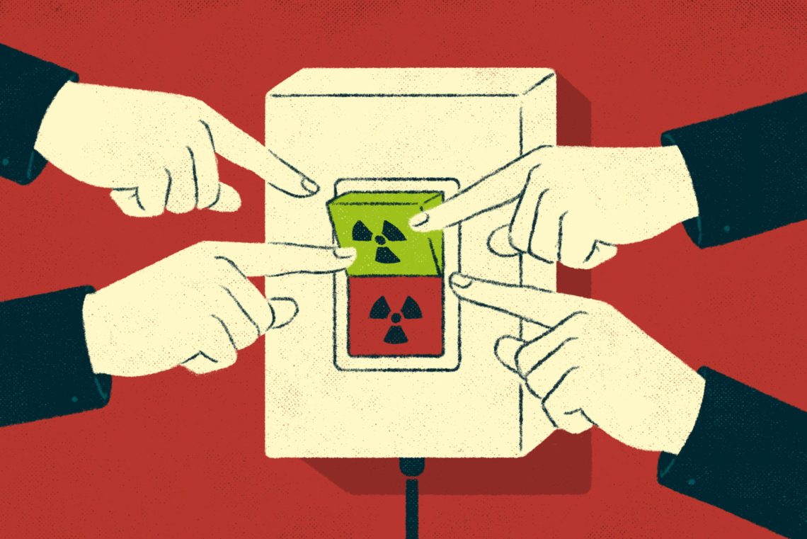 Die Illustration zeigt einen grünen und einen roten Schalter jeweils mit Atomkraft-Symbol und vier Finger, die darauf zeigen. Das Bild illustriert einen Artikel zum Thema Atomkraft in Deutschland.