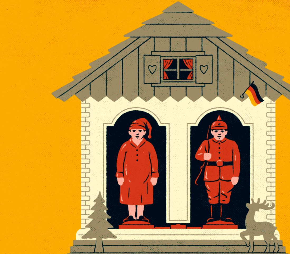 Die Illustration zeigt zwei Deutsche. Einmal mit Pickelhaube und einmal mit Schlafmütze. Das Bild illustriert einen Artikel über die deutsche Bevölkerung.