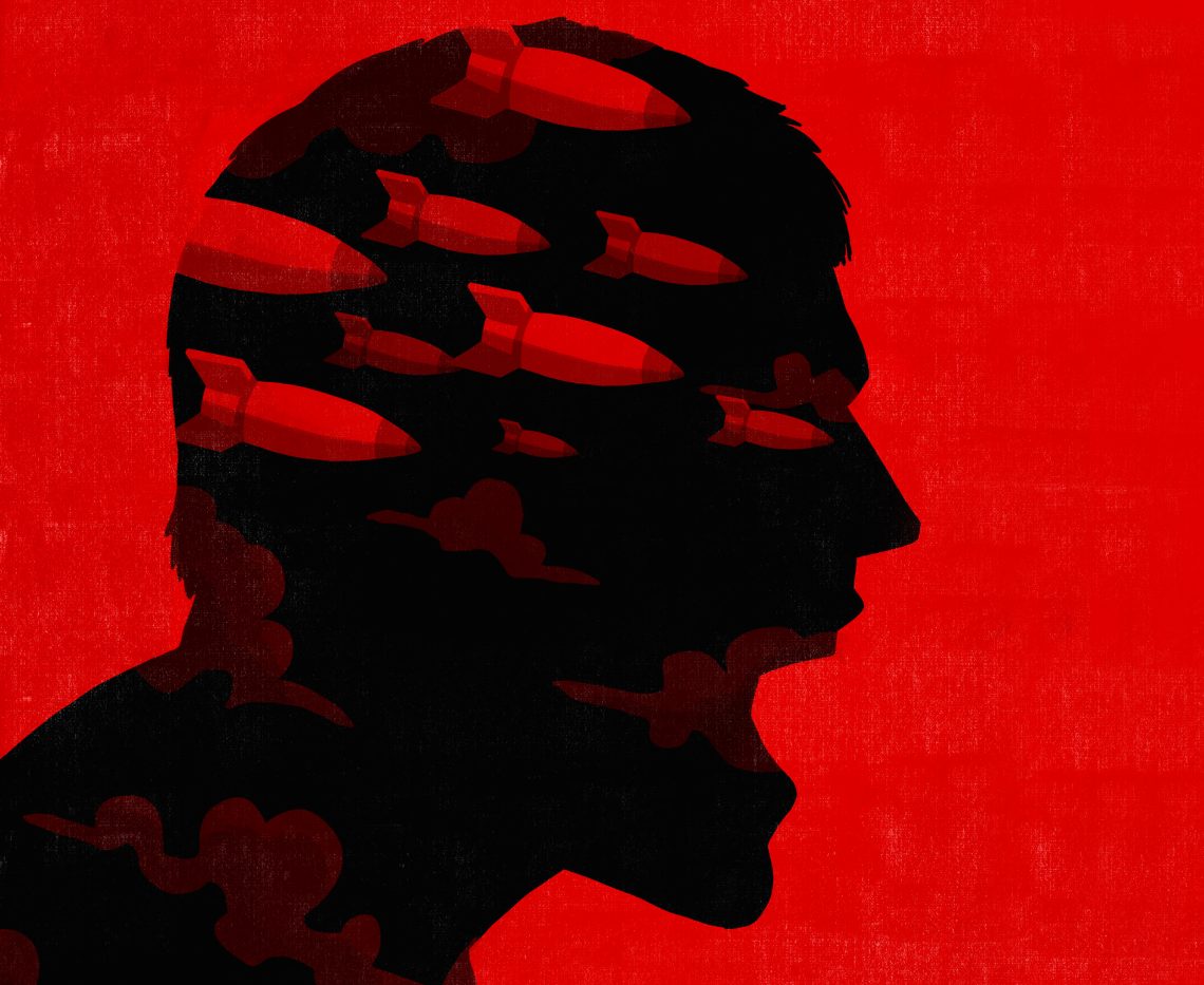 Die Illustration zeigt die Silhouette eines roten Kopfes, in dem sich Raketen befinden. Das Bild illustriert einen Artikel über den Hass.