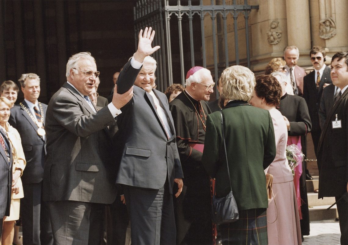 Helmut Kohl und Boris Jelzin nach einer Messe im Dom zu Speyer.
