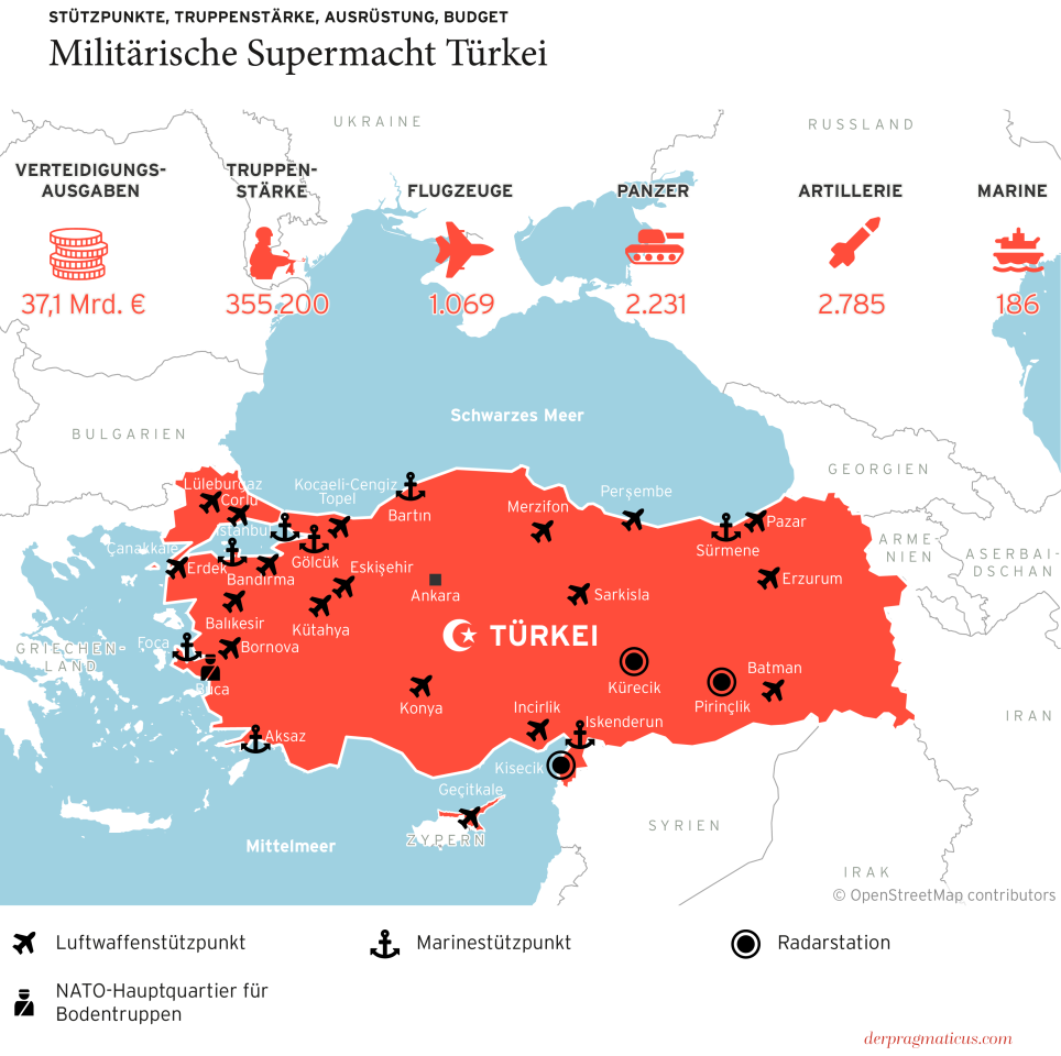 Türkei-Karte mit Stützpunkten, Truppen, Ausrüstung und Radarstationen. Das Bild illustriert einen Artikel über Erdogans Machtpoker.