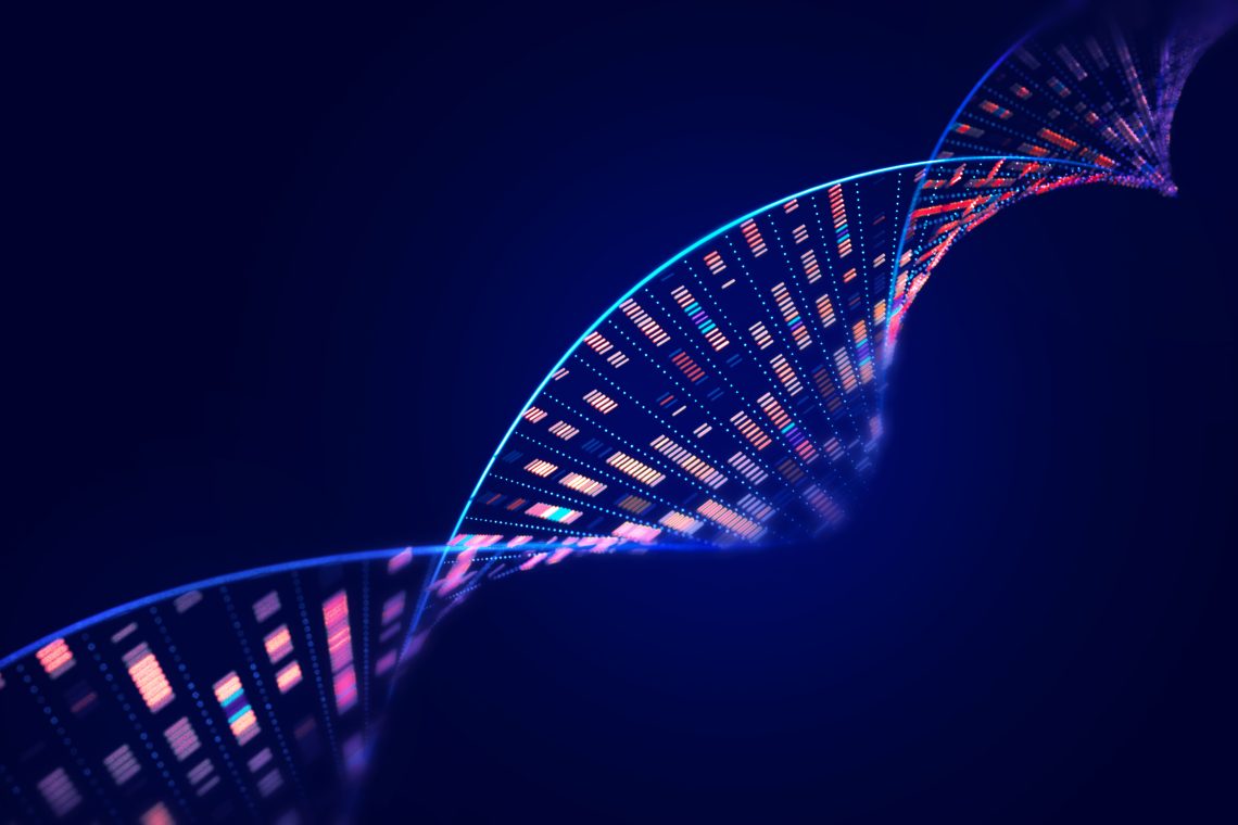 DNA-Molekularstruktur mit Sequenzierungsdaten der menschlichen Genomanalyse auf schwarzem Hintergrund. Das Bild illustriert einen Artikel über die Zukunft der Medizin.