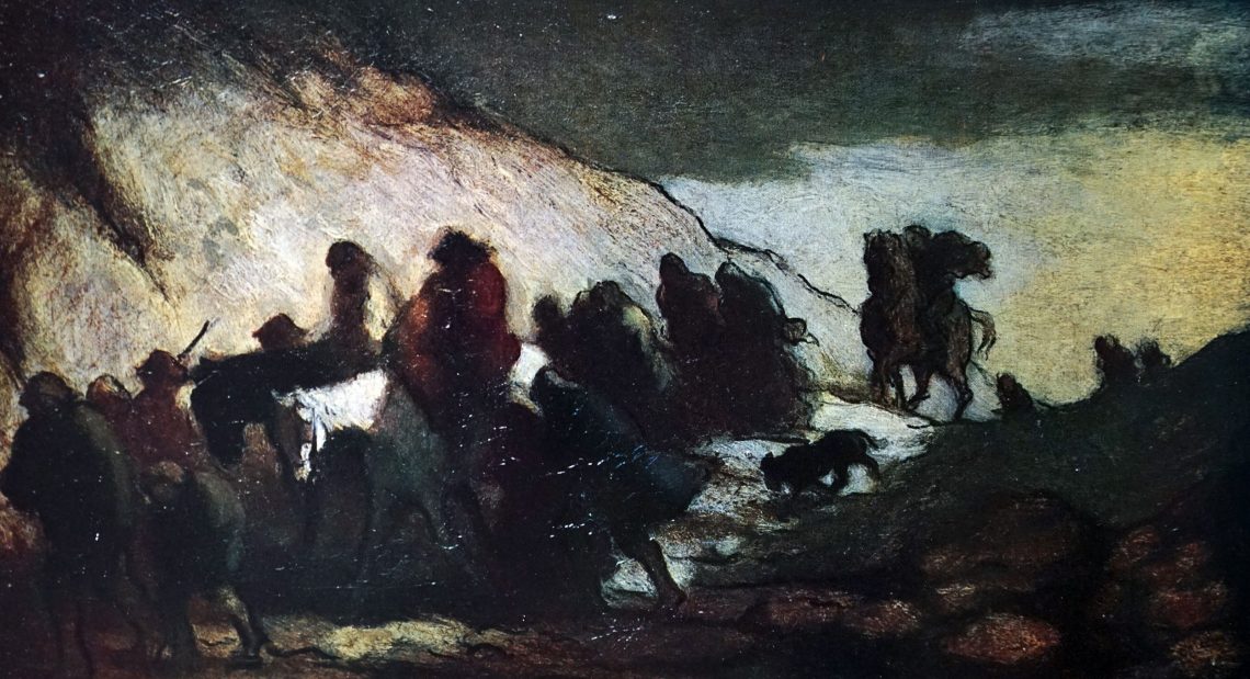 „Les émigrants“ von Honoré Daumien, 1857. Eine Gruppe von Menschen flüchtet in der hereinbrechenden Dunkelheit über einen Pass. Das Bild ist Teil eines Beitrags über Asyl, Migration und Grenzen.
