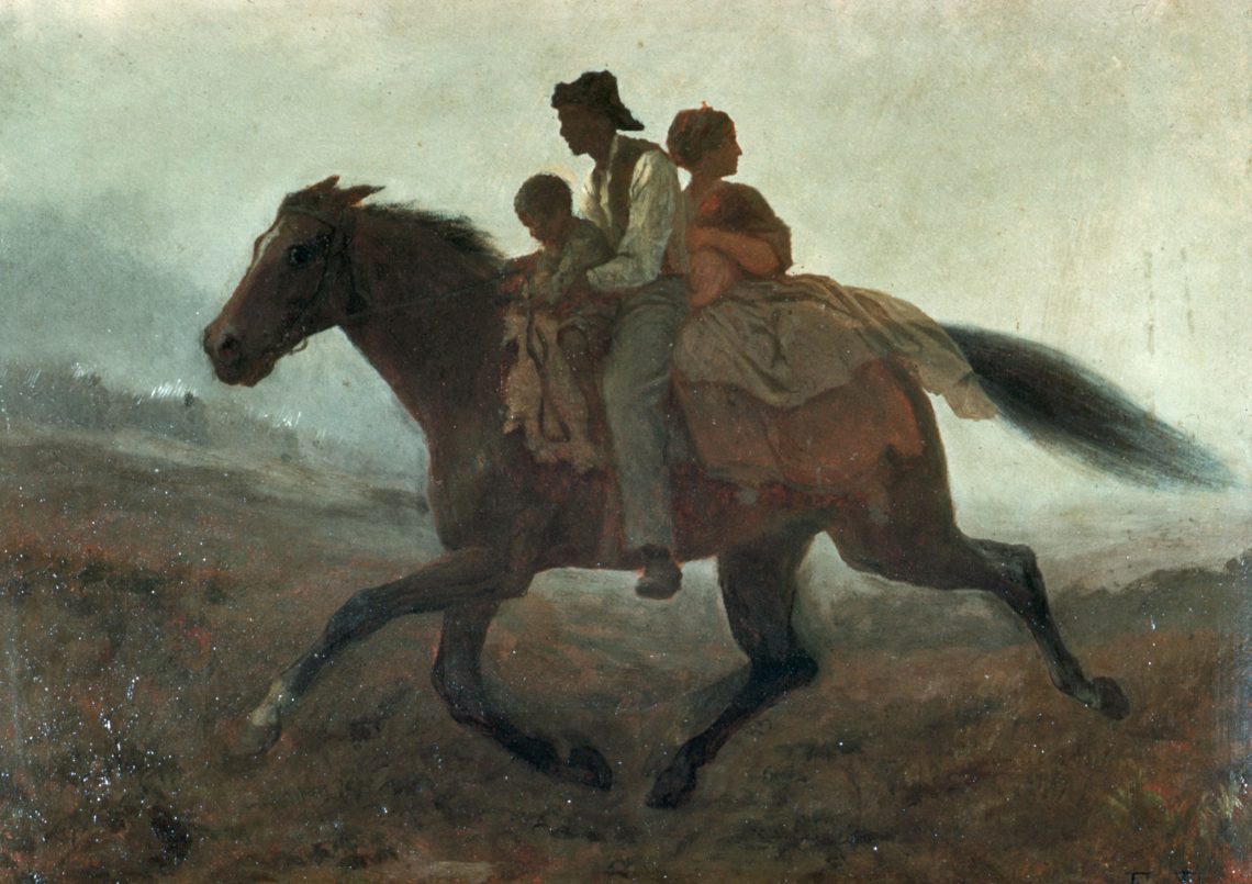 A Ride for Liberty – The Fugitive Slaves von Eastman Johnson, 1862. Das Bild zeigt eine Familie ehemaliger Sklaven, die auf einem Pferd flüchten. Das Bild ist Teil eines Interviews mit Judith Kohlenberger über Migration.