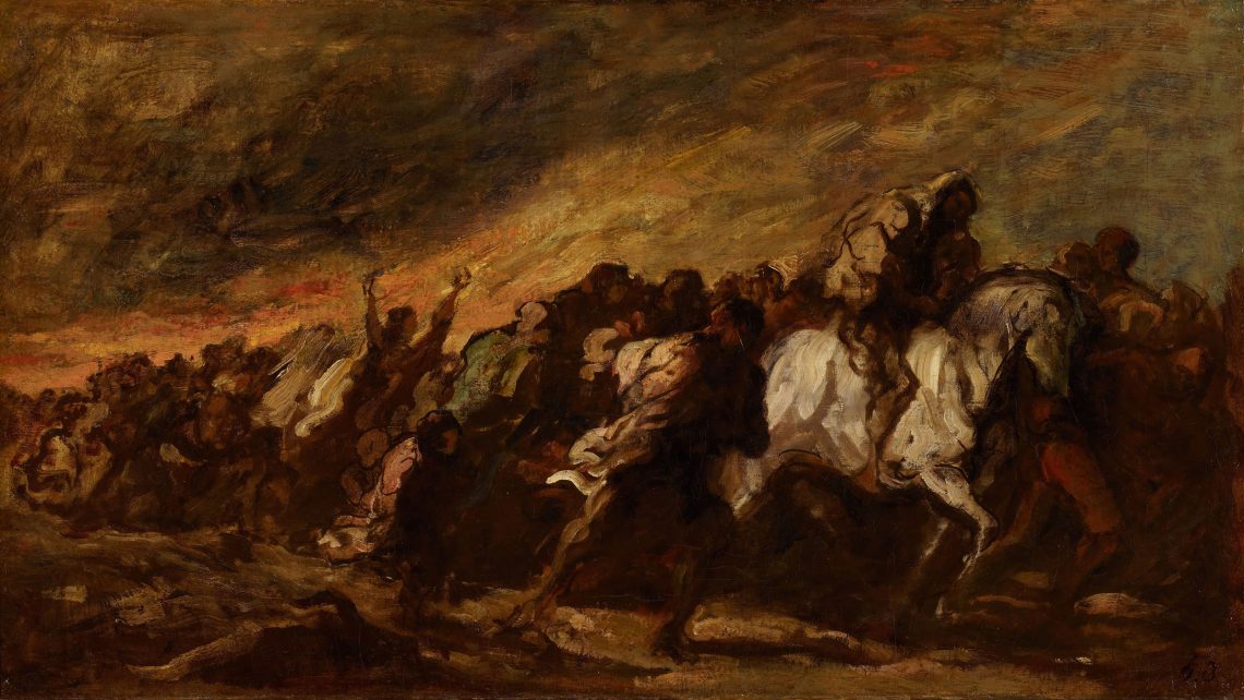Les Fugitifs von Honoré Daumier (ca. 1860-70). Das Bild zeigt eine nur schemenhaft zu erkennende Gruppe von Menschen, die zu Fuß flüchtet. Eine Person sitzt schwer beladen auf einem weißen Pferd. Im Hintergrund scheint eine Stadt zu brennen. Das Bild ist Teil eines Interviews mit Judith Kohlenberger über Asyl.