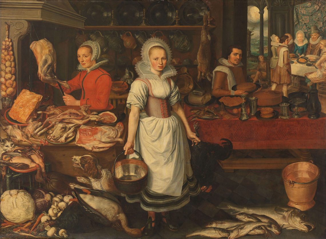 Pieter Cornelisz van Rijck, Lazarus und der reiche Mann (1620): Das Bild zeigt imm Vordergrund eine Küchenszene, wobei sehr viel Fleisch zerlegt wird. Eine Katze und ein Hund tun sich an Innereien gütlich. Die beiden Frauen, die in der Küche arbeiten blicken direkt auf den Betrachter. Ein Diener im Hintergrund des Bildes blickt ebenfalls auf den Betrachter und hält eine Platte mit einem großen Küchen. Im fernen Hinergrund des Bildes sitzen Menschen an einem Tisch und speisen, während eine Figur in zerlumpter Kleidung bei der Tür hockt. Das Bild illustriert einen Beitrag, in dem es um Ekel und Fasten geht.