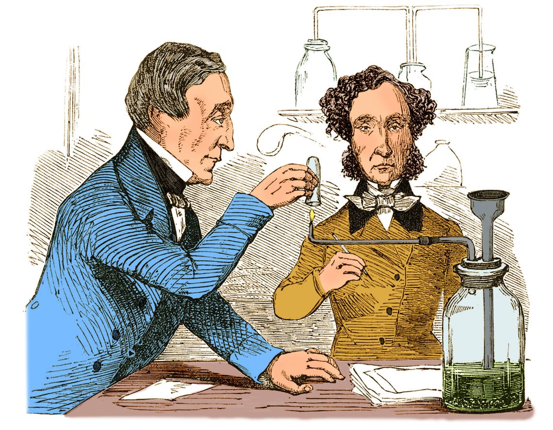 Eine Zeichnung von zwei Chemikern im Labor.