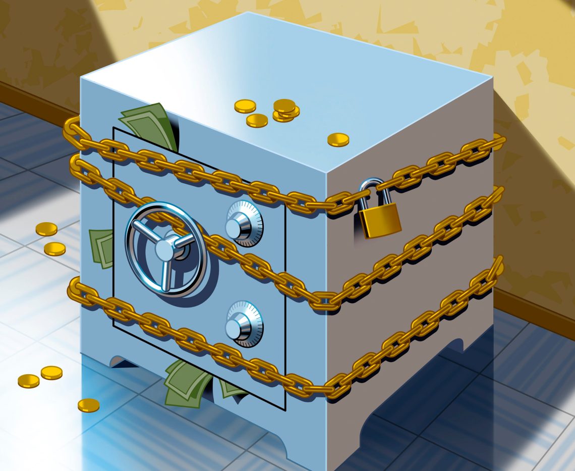Die Illustration zeigt einen mit Geld gefüllten Tresor, der mit Ketten und Vorhängeschloss verschlossen ist. Das Bild illustriert einen Kommentar über die Verteilung der Fördergelder in der Forschung.