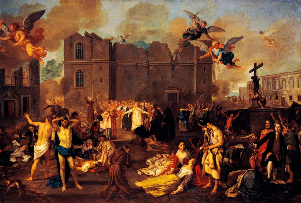 Darstellung des Erdbebens von Lissabon 1755 in einer Malerei von João Glama Ströberle. Das Bild zeigt die Reaktion der Kirche und des Himmels auf das Erdbeben. Menschen beten zu den Engeln. Das Bild ist Teil eines Beitrags über Immanuel Kant.