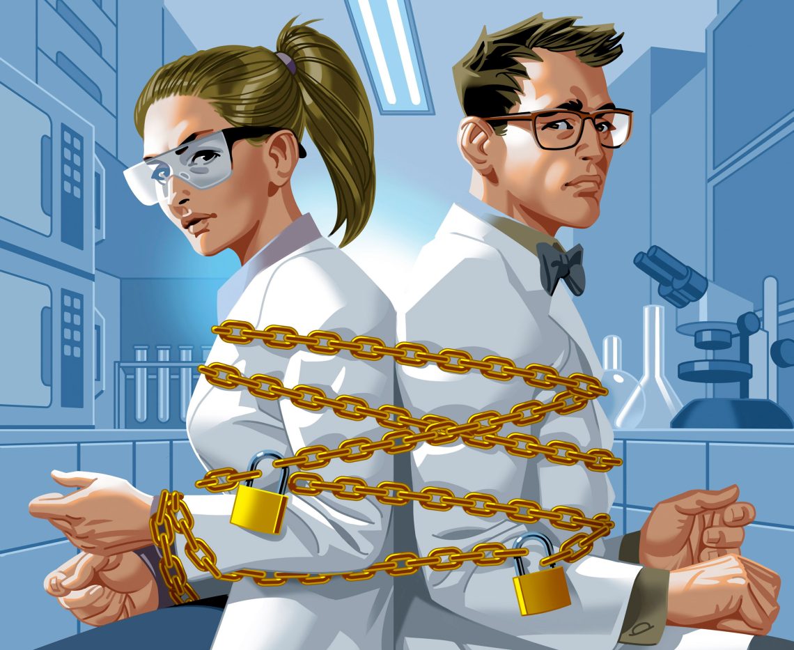 Die Illustration zeigt eine Forscherin und einen Forscher, die in einem Labor durch eine Eisenkette gefesselt sind. Das Bild illustriert einen Artikel über die Finanzierung der Forschung durch Forschungsagenturen.