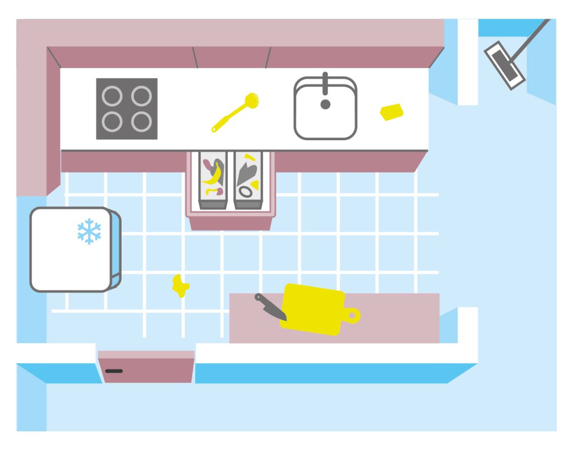 Illustration, die den Umriss einer Küche zeigt. Das Bild illustriert einen Artikel über Fakten rund um den Frühjahrsputz.