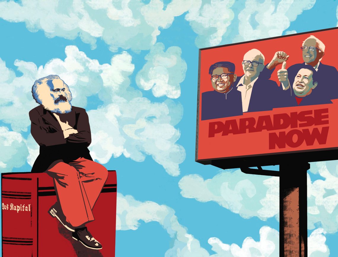 Illustration von Marx, der auf einer überdimensionalen Ausgabe von „Das Kapital“ sitzt, während Kim Jong-un, Jeremy Corbyn, Bernie Sanders und Hugo Chávez von einer Werbetafel mit der Aufschrift „Paradise Now“ lachen. Das Bild illustriert einen Beitrag über den Sozialismus.