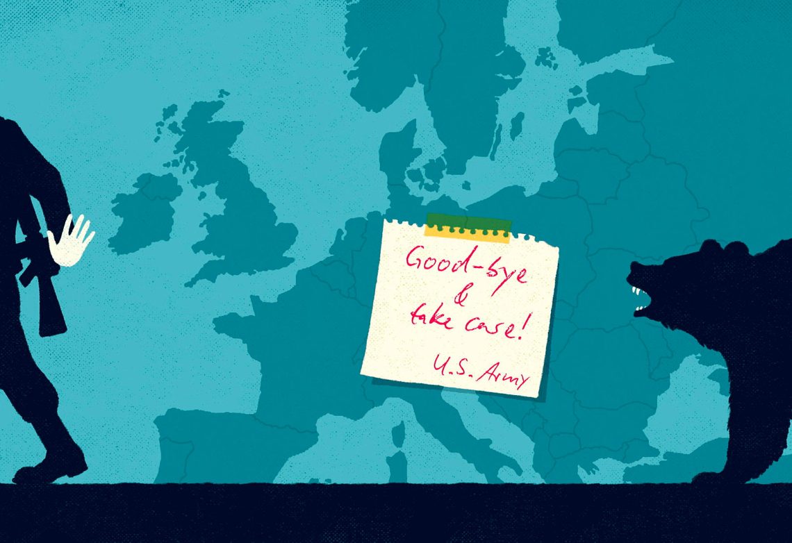 Kann sich Europa selbst verteidigen? Ein Soldat geht links aus dem Bild vor einer Europakarte. Rechts lauert ein bedrohlicher Bär. Auf der Karte ist ein Notizzettel mit der Botschaft "Good-bye & take care! U.S. Army." 