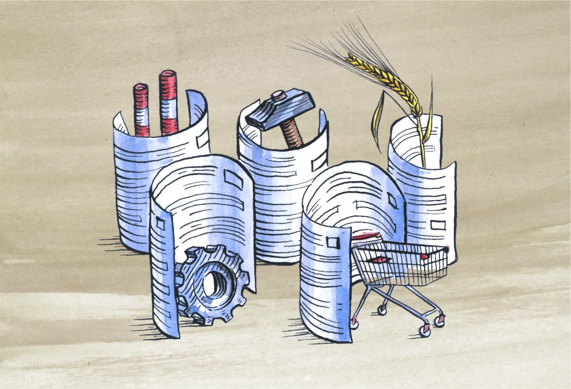 Die Illustration zeigt einen Hammer, Weizen. Einen Einkaufswagen, ein Zahnrad und Schornsteine, die jeweils von einem vollgeschriebenen Blatt umgeben sind. Das Bild illustriert einen Artikel über die hohen Bürokratiekosten.