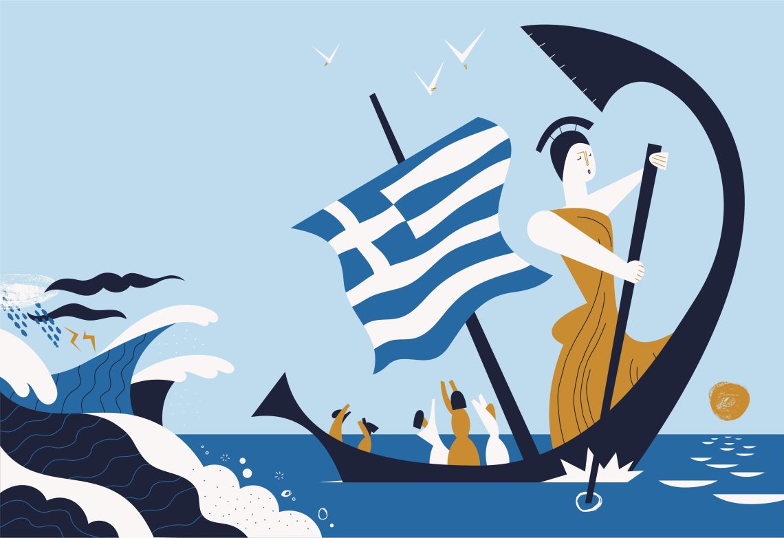 Die Illustration zeigt ein Boot mit sechs Personen und einer Griechenland-Flagge. Links sind hohe Wellen und ein Gewitter zu sehen.