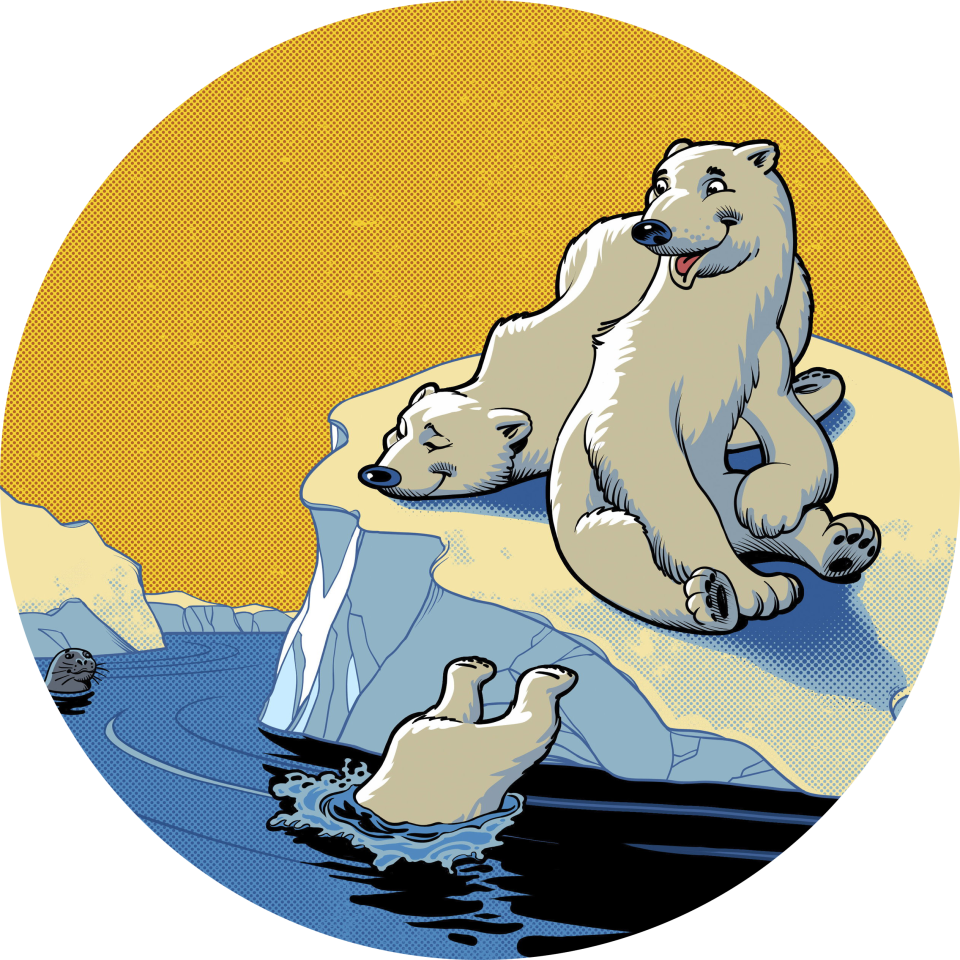 Das Bild zeigt zwei Eisbären auf einer schmelzenden Eisscholle im Meer. Ein weiterer Eisbär ist ins Wasser gesprungen. Im Hintergrund sind weitere Eisberge und eine Robbe im Wasser sichtbar. Das Bild illustriert den Artikel „Weltrettung 2.0“ der davon handelt, wie wir das Klima richtig schützen können.