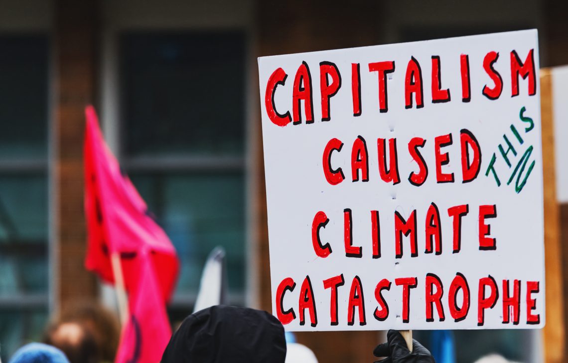 Klimawandel-Demonstranten halten Plakate hoch. Im Fokus ist ein Plakat mit der Aufschrift „Capitalism caused climate catastrophe“ (zu Deutsch: Der Kapitalismus ist für den Klimawandel verantwortlich).