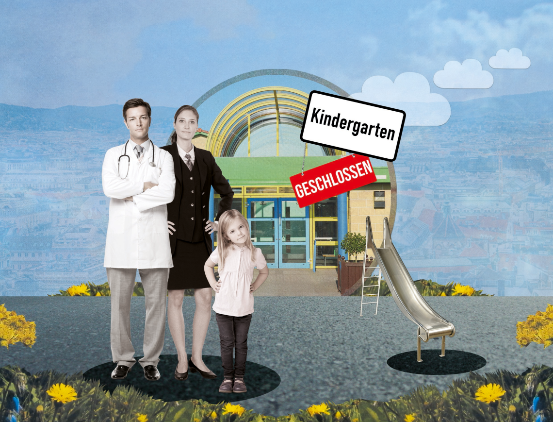 Das Bild zeigt einen geschlossenen Kindergarten. Im Vordergrund stehen drei Personen: ein Mann in einem Arztkittel, eine Frau in einem Business-Outfit und ein kleines Kind. Das Bild illustriert einen Artikel über 5 Reformschritte für den österreichischen Arbeitsmarkt.
