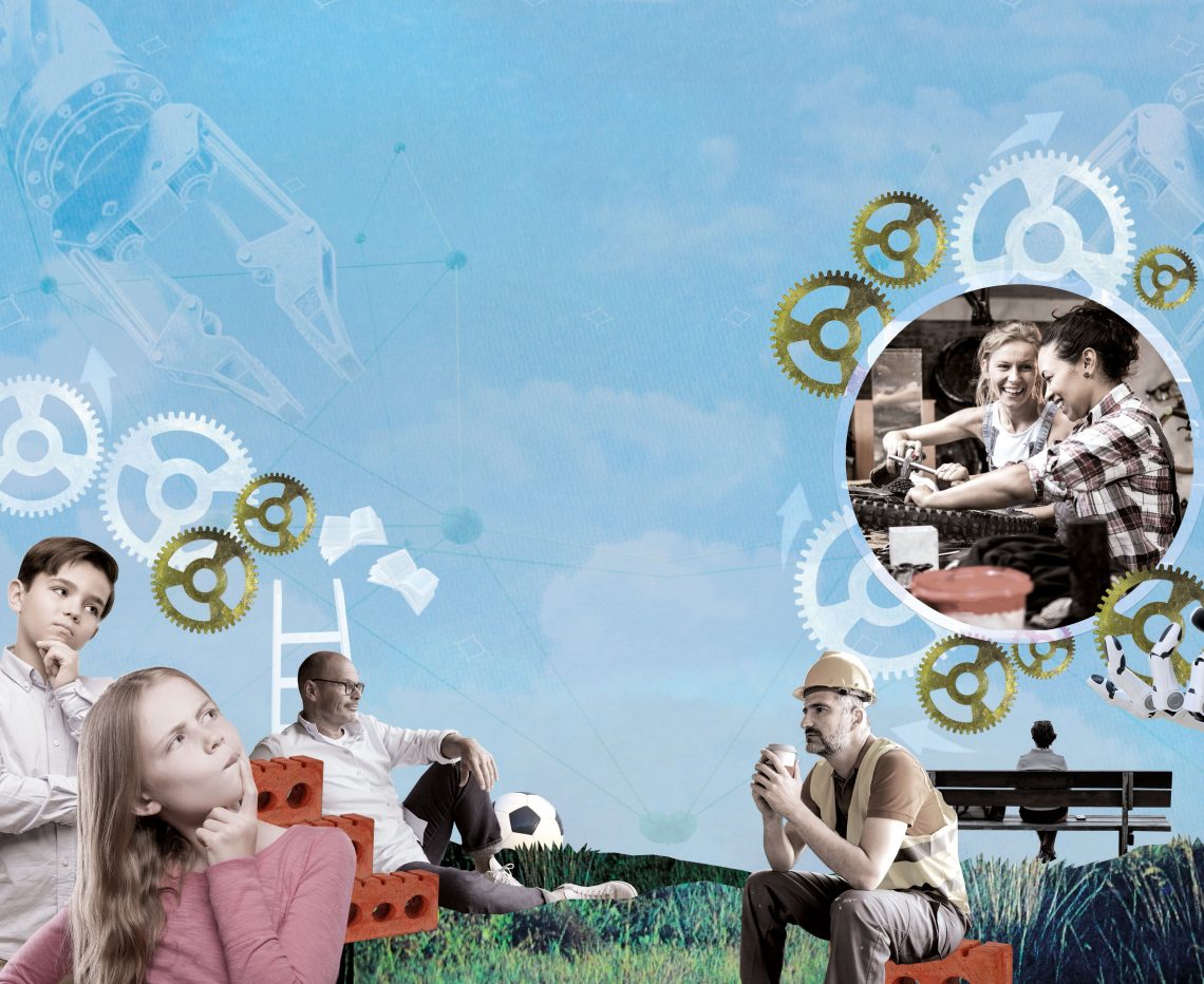 Das Bild zeigt eine Collage mit verschiedenen Elementen, die Arbeit, Technologie und Freizeit symbolisieren. Im Vordergrund sitzen Personen in entspannter Haltung auf roten Ziegelsteinen in einer natürlichen Umgebung mit grünem Gras und blauem Himmel. Zahnräder und technische Illustrationen, wie ein Roboterarm, dominieren den Hintergrund und symbolisieren Automatisierung und Industrie. Rechts ist ein kreisförmiges Bild eingebettet, das eine Szene mit Menschen bei manueller Arbeit zeigt. Das Bild illustriert ein Dossier über das schlechte Image der Arbeit und wie wir wieder mehr Lust auf Leistung bekommen.