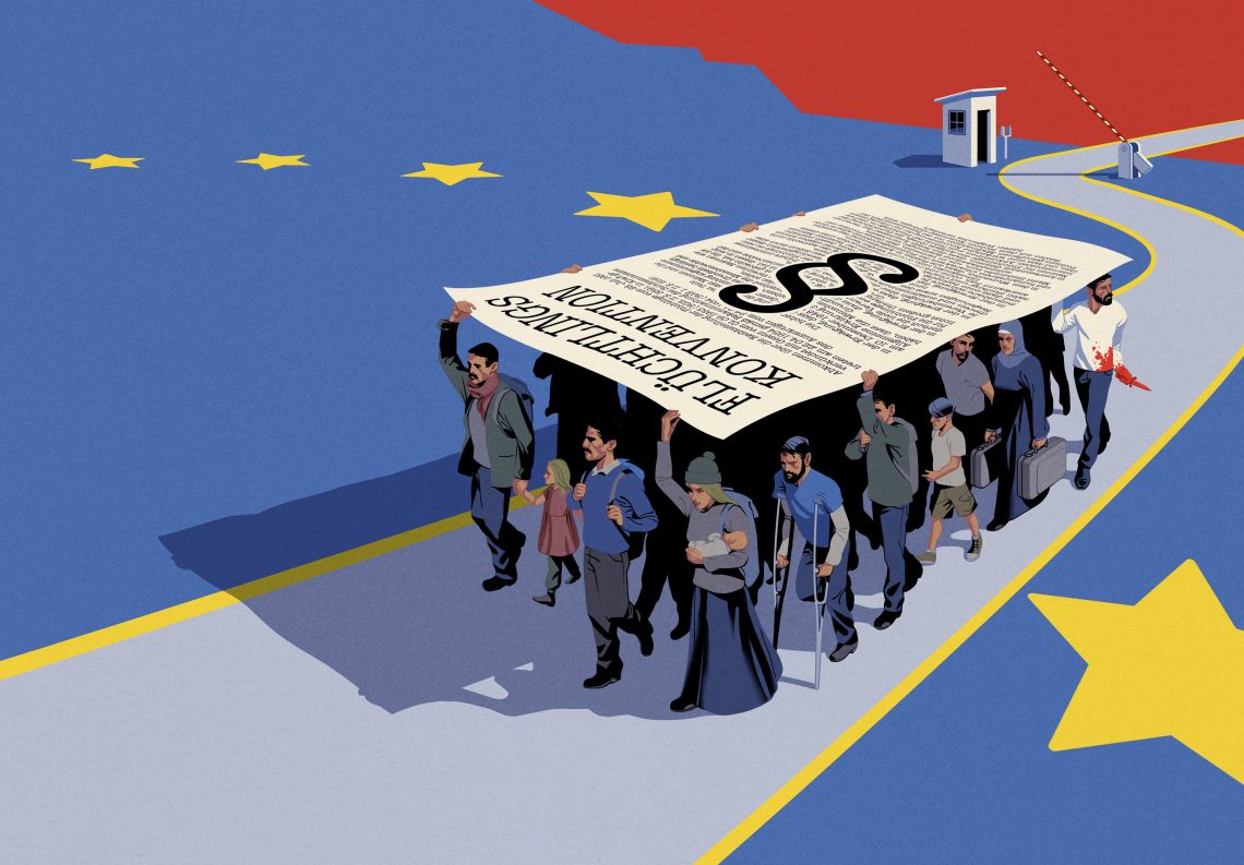Illustration zum Thema Asylpolitik: Eine Gruppe von Asylsuchenden marschiert auf einem Weg durch einen Grenzbalken, über sich tragen sie ein überdimensioniertes Papier mit der Aufschrift "Flüchtlingskonvention".