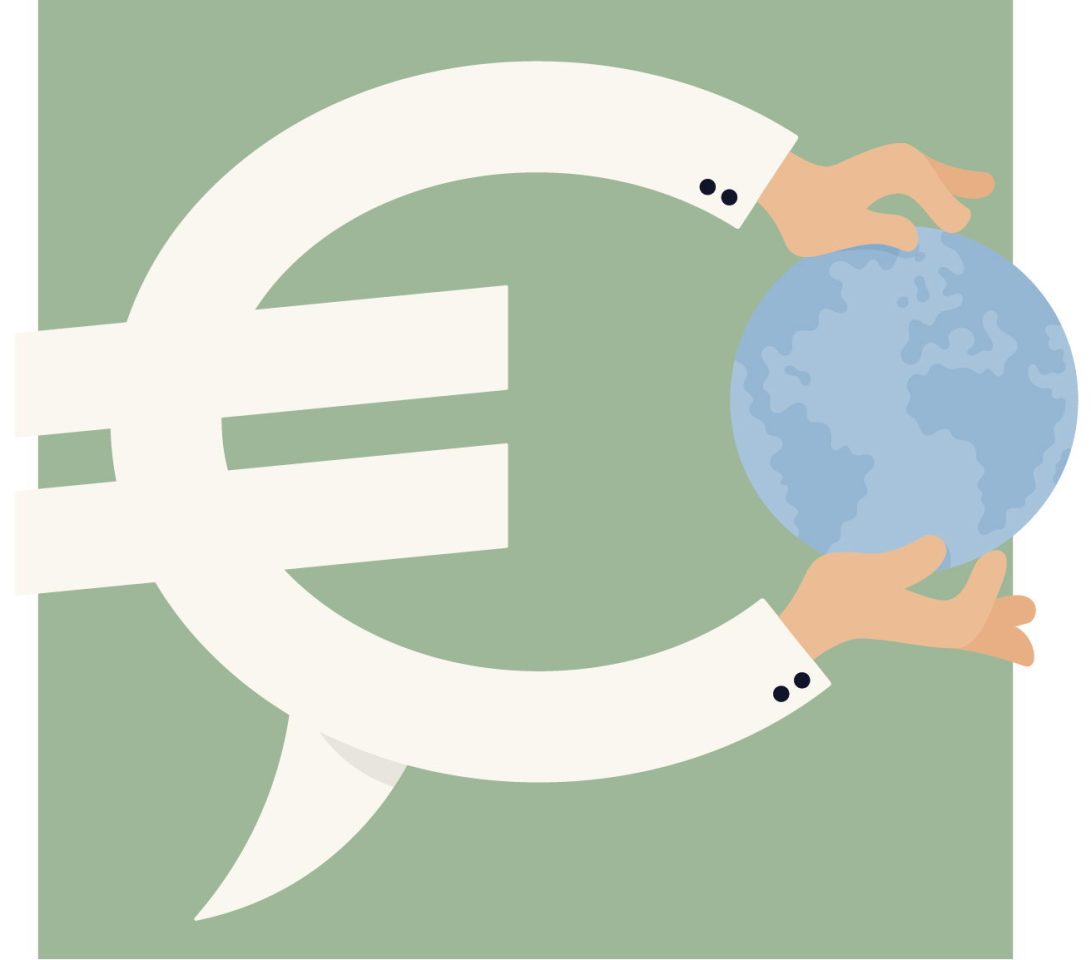 Die Illustration zeigt ein Euro-Zeichen, das an seinen Enden die Welt hält.