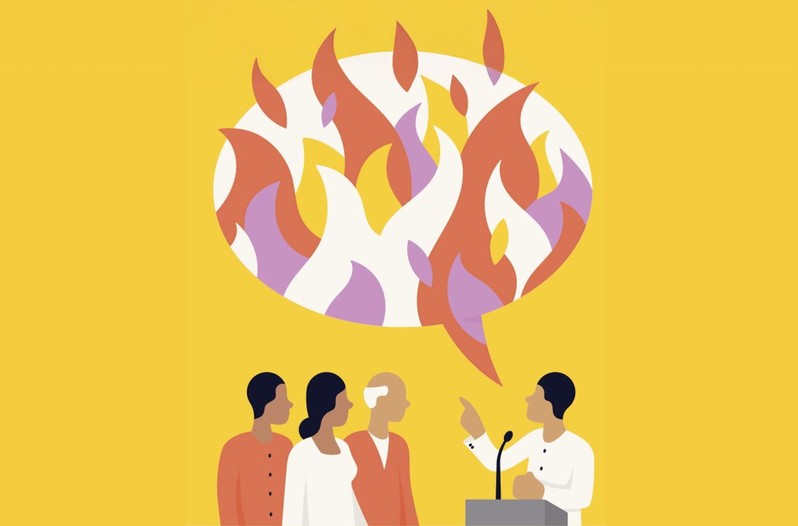 Die Illustration zeigt einen Mann auf einem Podium, der redet. Die Sprechblase, die sich bildet, ist mit Flammen gefüllt ist. Das Bild illustriert einen Artikel darüber, dass der Oberbürgermeister der deutschen Universitätsstadt Tübingen wegen eines unbedachten Satzes mit dem N-Wort, als „Nazi“ gebrandmarkt wurde.