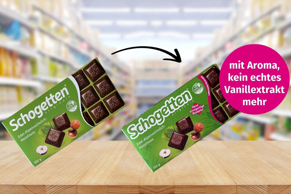 Zwei Packungen Schogetten und ein virtueller Sticker mit der Aufschrift „mit Aroma, kein echtes Vanilleextrakt mehr“.
