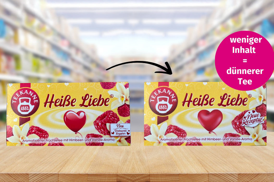 Zwei Packungen Teekanne „Heiße Liebe“ und ein virtueller Sticker mit der Aufschrift „weniger Inhalt = dünnerer Tee“
