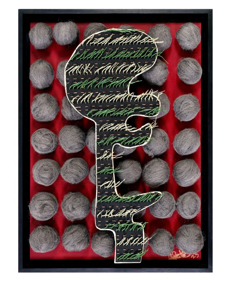 Olwethu De Vos „What we declare with our mouths shall pass“ 2023 | Technik: Drucktinte, Kupfer, Aluminium und Stahlwolle auf MDF-Platte | Maße: 50 × 70 × 4 cm
