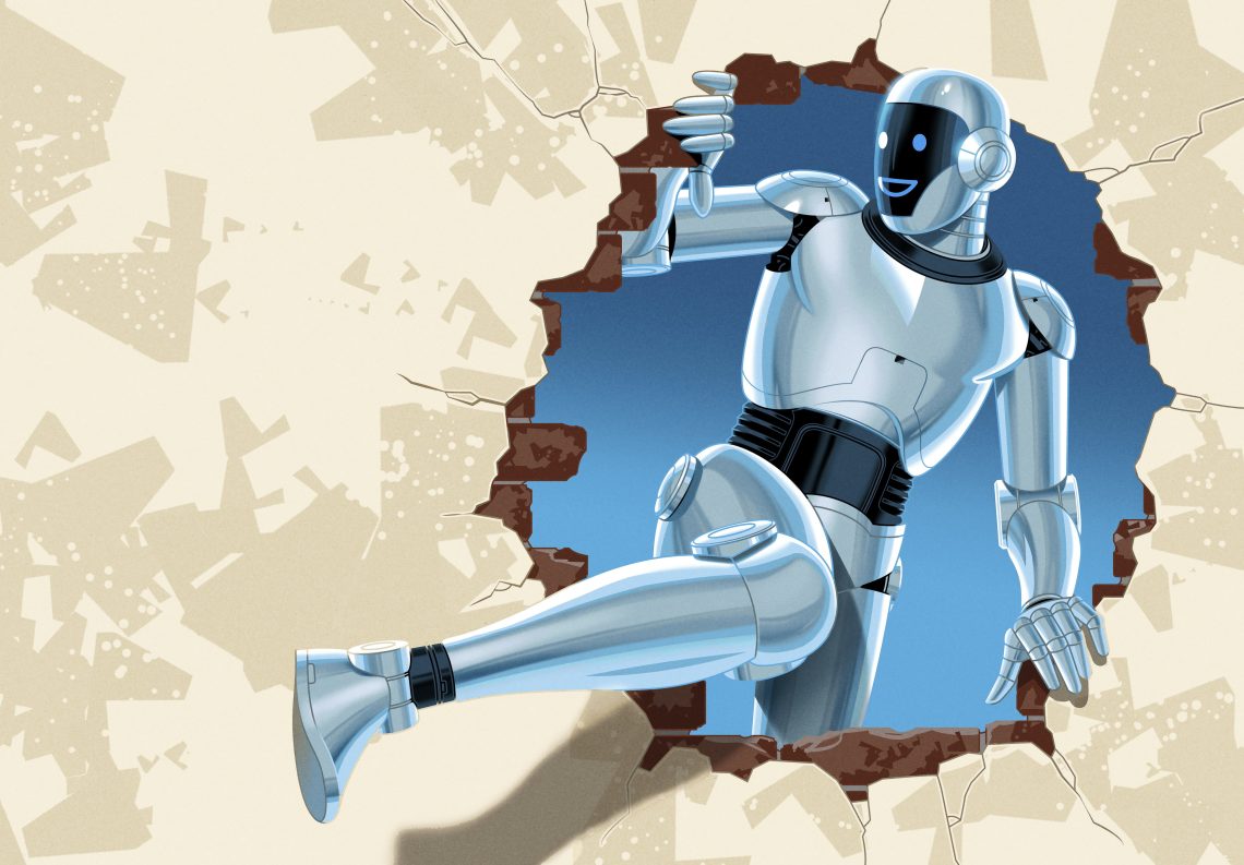 Das Bild zeigt einen Roboter, der durch ein Loch in einer Mauer steigt.