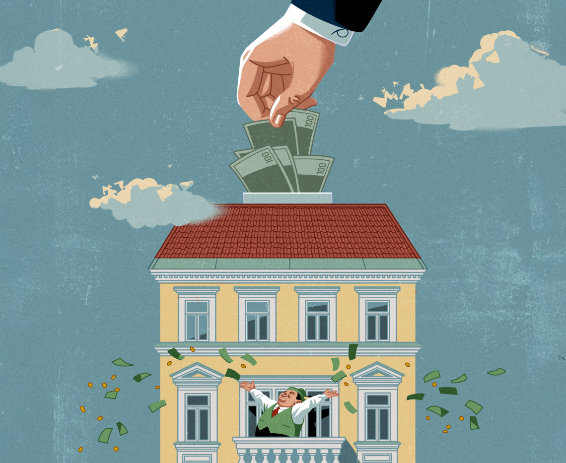 Illustration zum Thema Föderalismus: Ein Haus, das gut in einer ländlichen Ortschaft das Rathaus sein könnte: Eine große Hand steckt oben in das Dach durch einen großen Schornstein Geld. Auf dem Balkon des Hauses steht ein Herr im Trachtenanzug und verstreut Geld in der Luft.