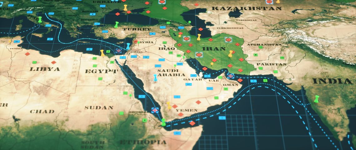 Digitale Schlachtfeldkarte des Persischen Golfs und der umliegenden Kontinente. Das Bild Illustriert einen Podcast zu Nahost.